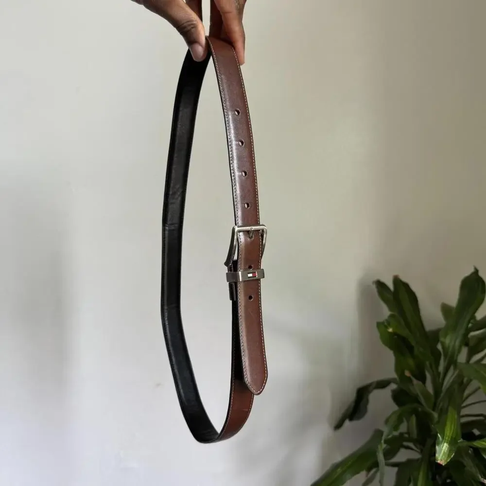 Vintage‎ Hdouble sides brown/black reversible silver buckle leather belt size L
